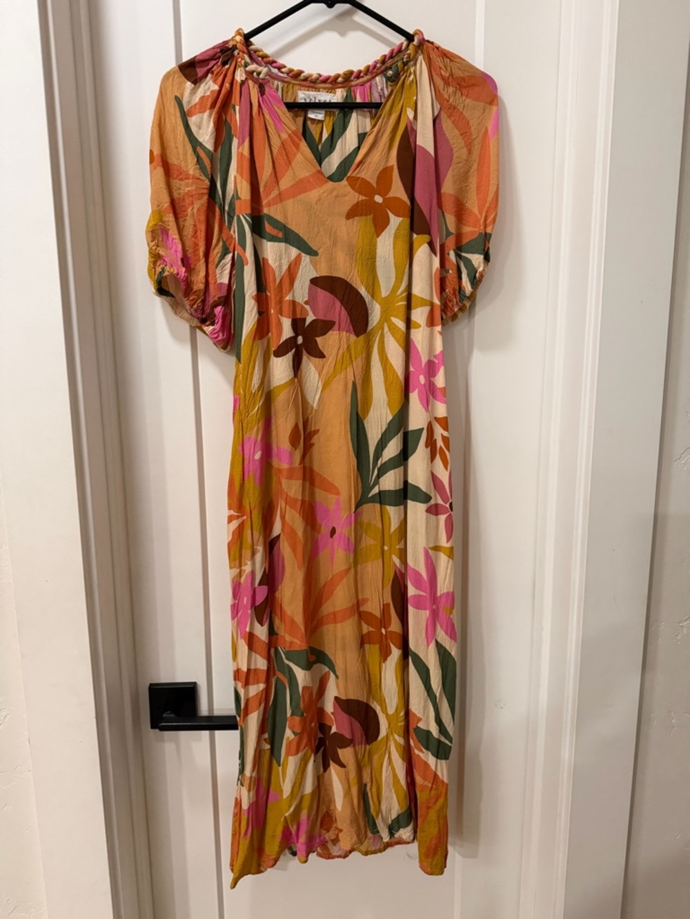 Velvet by Graham & Spencer Mustard Floral Midi Dress with Pink & Green Accents